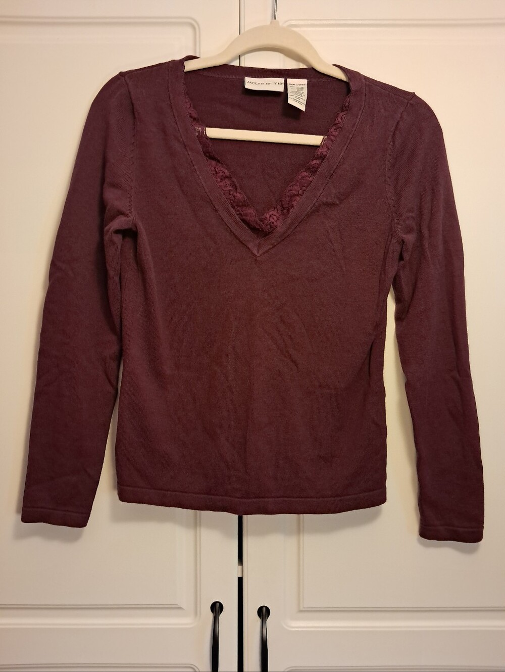 Jaclyn Smith Lace-Trim V-Neck Long Sleeve Top - Plum